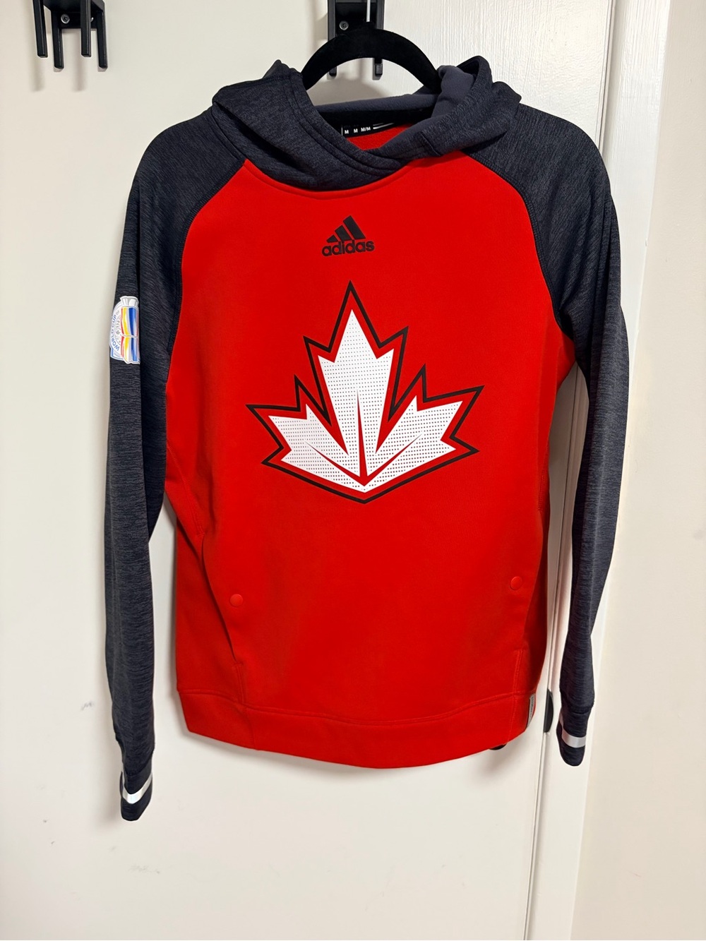 adidas Men’s Red & Dark Gray Crewneck Hoodie with Maple Leaf